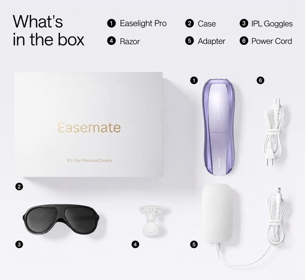 Easemate IPL Hair Removal Device — what's in the box: Easelight Pro device, case, IPL goggles, razor, adapter, power cord