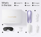 Easemate IPL Hair Removal Device — what's in the box: Easelight Pro device, case, IPL goggles, razor, adapter, power cord