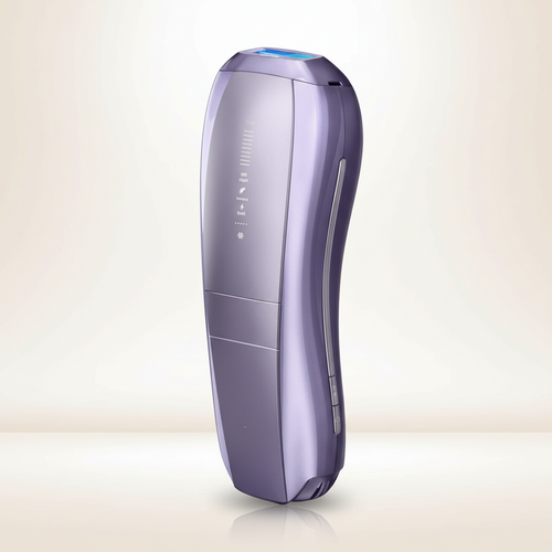Easemate IPL Hair Removal Device — front view, lavender handheld device with intensity levels and flash window